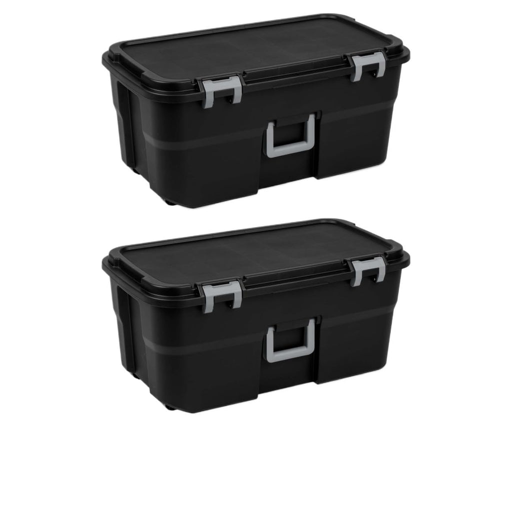 2 Pack 22 Gallon Black Wheeled Lockable Plastic Storage Trunk C209