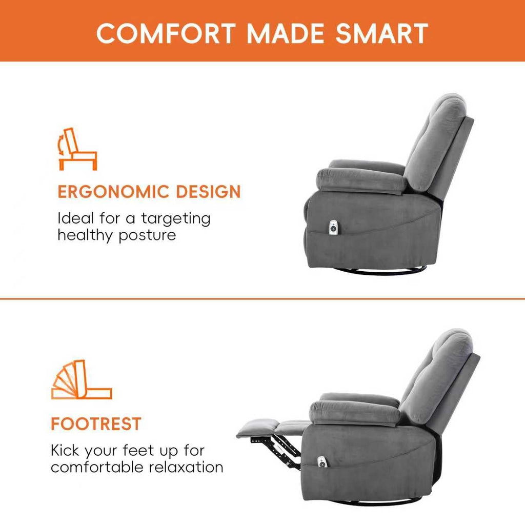 Velvet Grey Power Swivel Rocker Recliner with Massage and Heat C63667