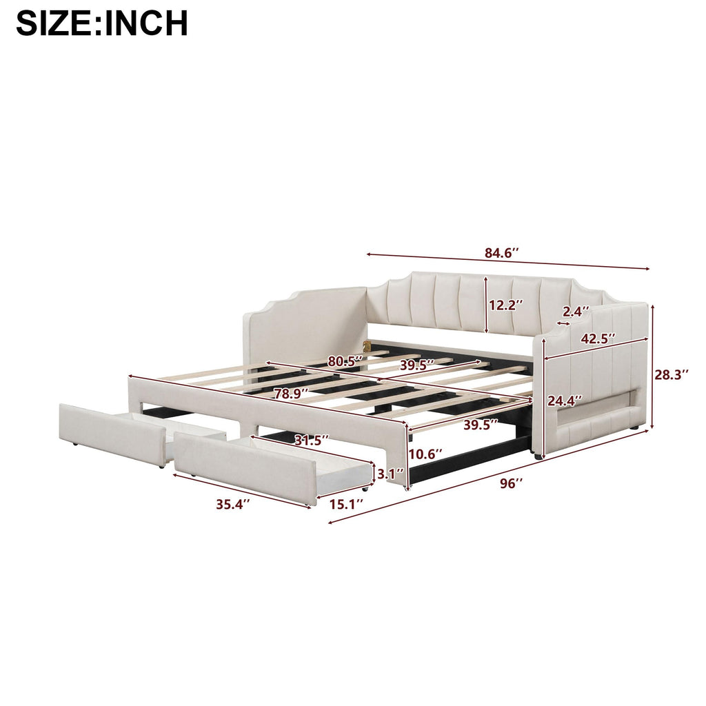 Twin XL to King Extendable Upholstered Daybed Frame with 2 Storage Drawers S2218