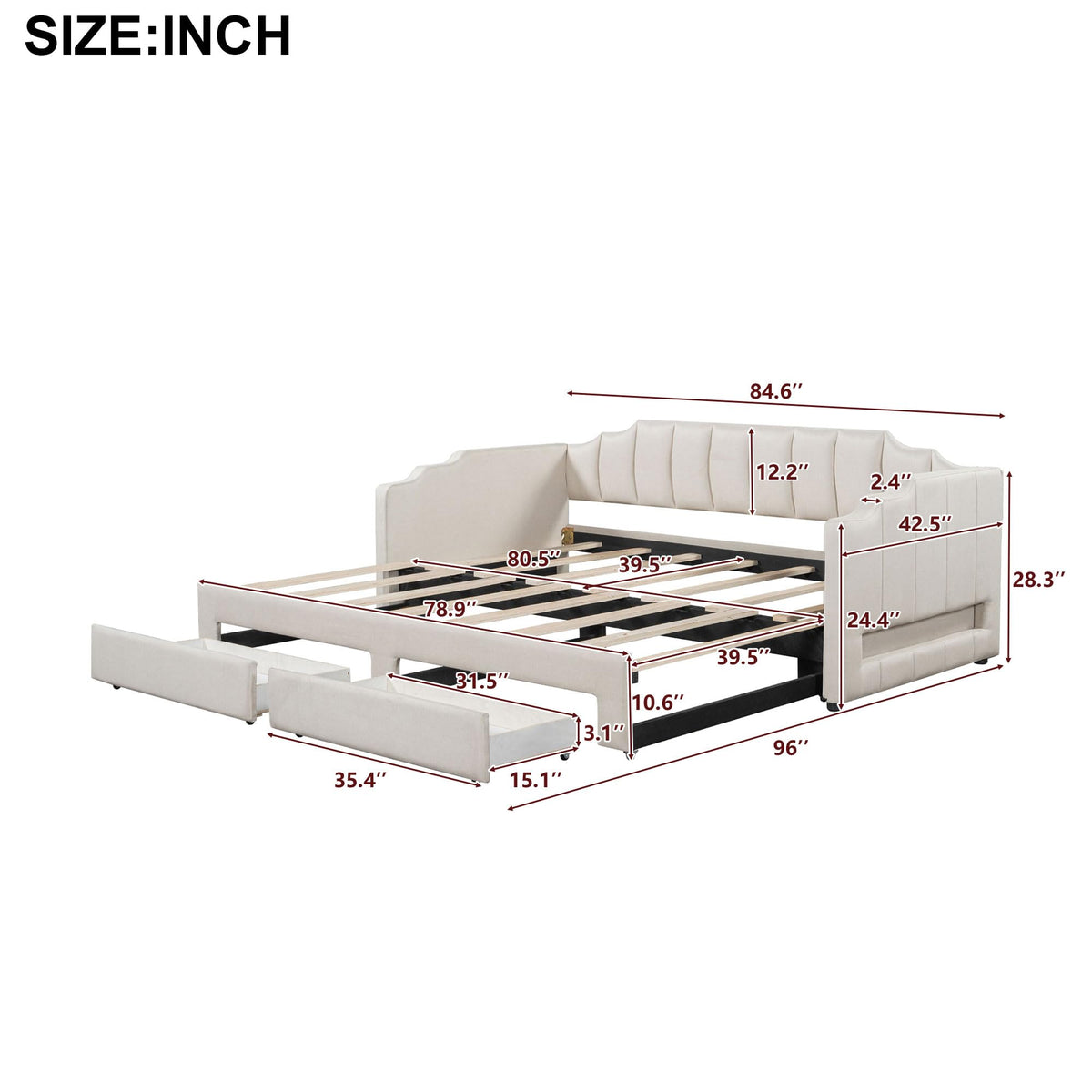 Twin XL to King Extendable Upholstered Daybed Frame with 2 Storage Drawers S2218