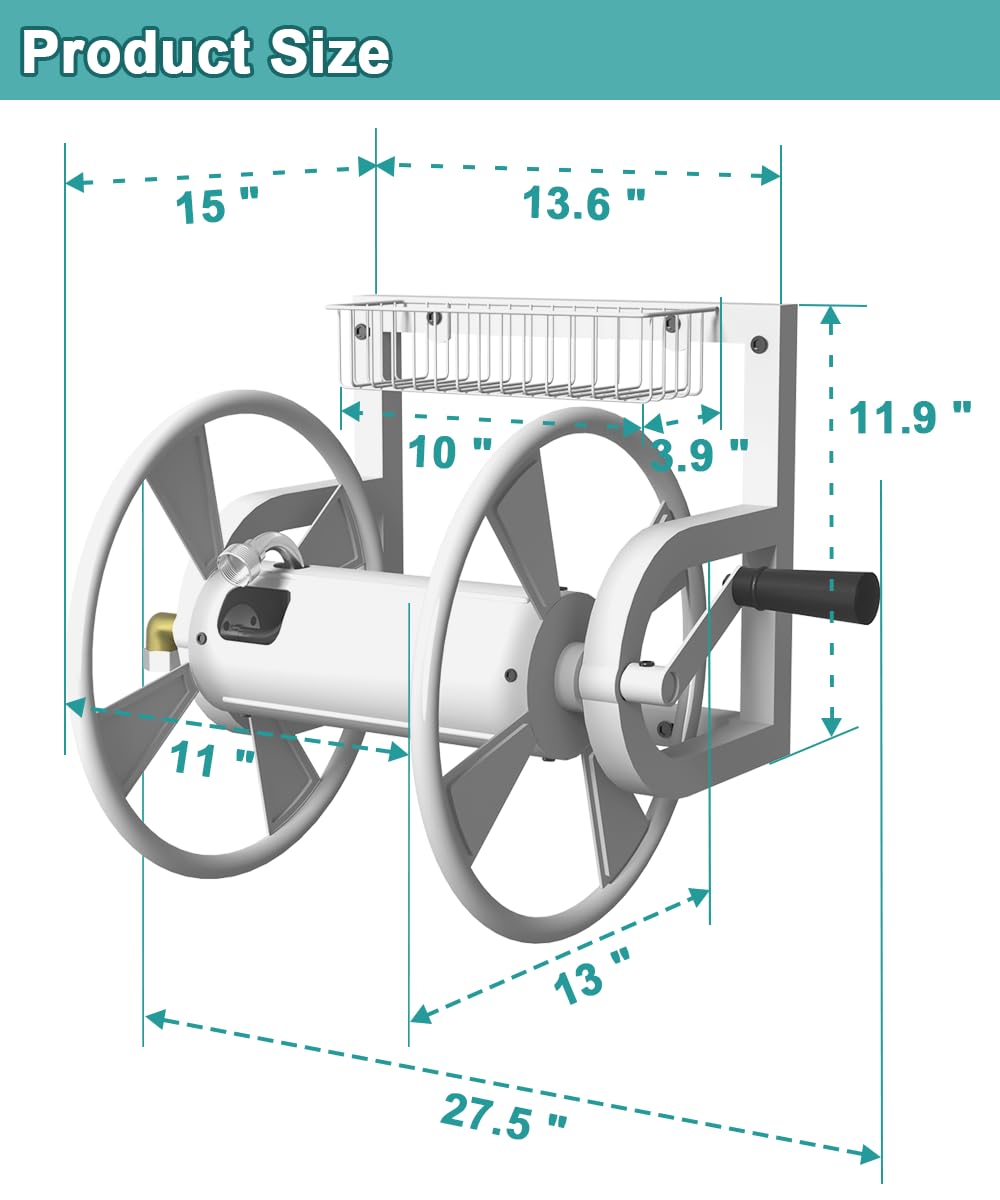 Wall Mounted Hose Reel, Holds 125 Feet of 5/8-Inch Hose, White M958732