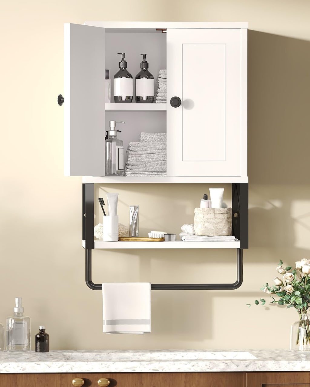 White Bathroom Wall Cabinet with Towel Rack M191