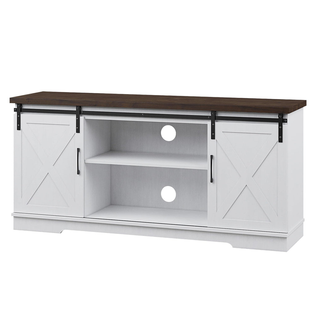 Farmhouse TV Stand with Sliding Barn Doors, White & Brown O339