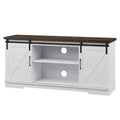 Farmhouse TV Stand with Sliding Barn Doors, White & Brown O339