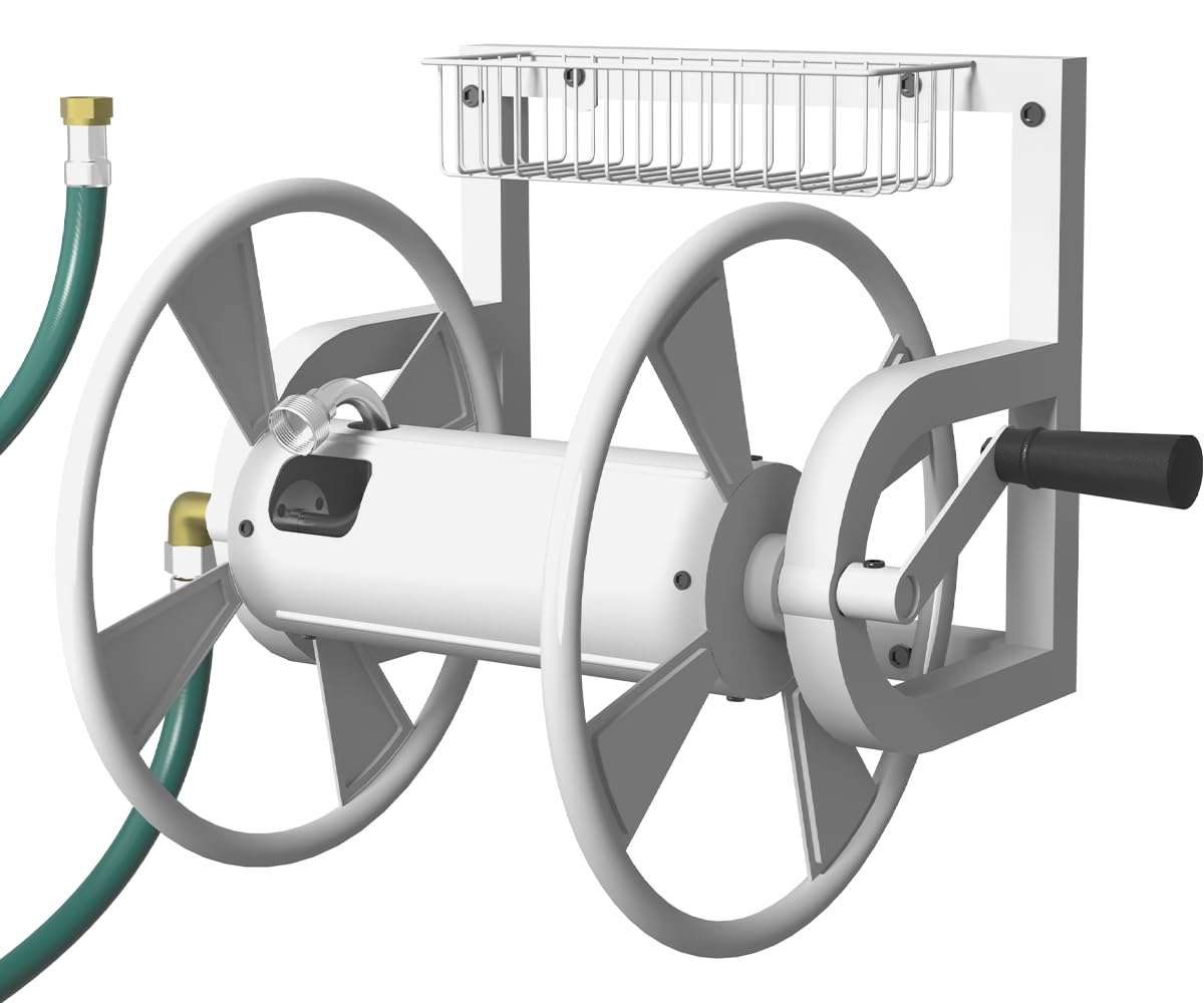 Wall Mounted Hose Reel, Holds 125 Feet of 5/8-Inch Hose, White M958732