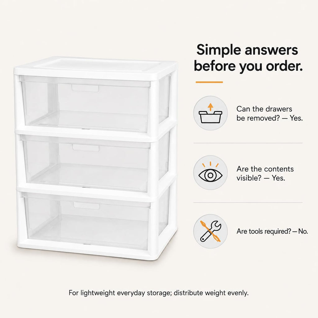3-Drawer Plastic Storage Tower with Clear Removable Bins J380