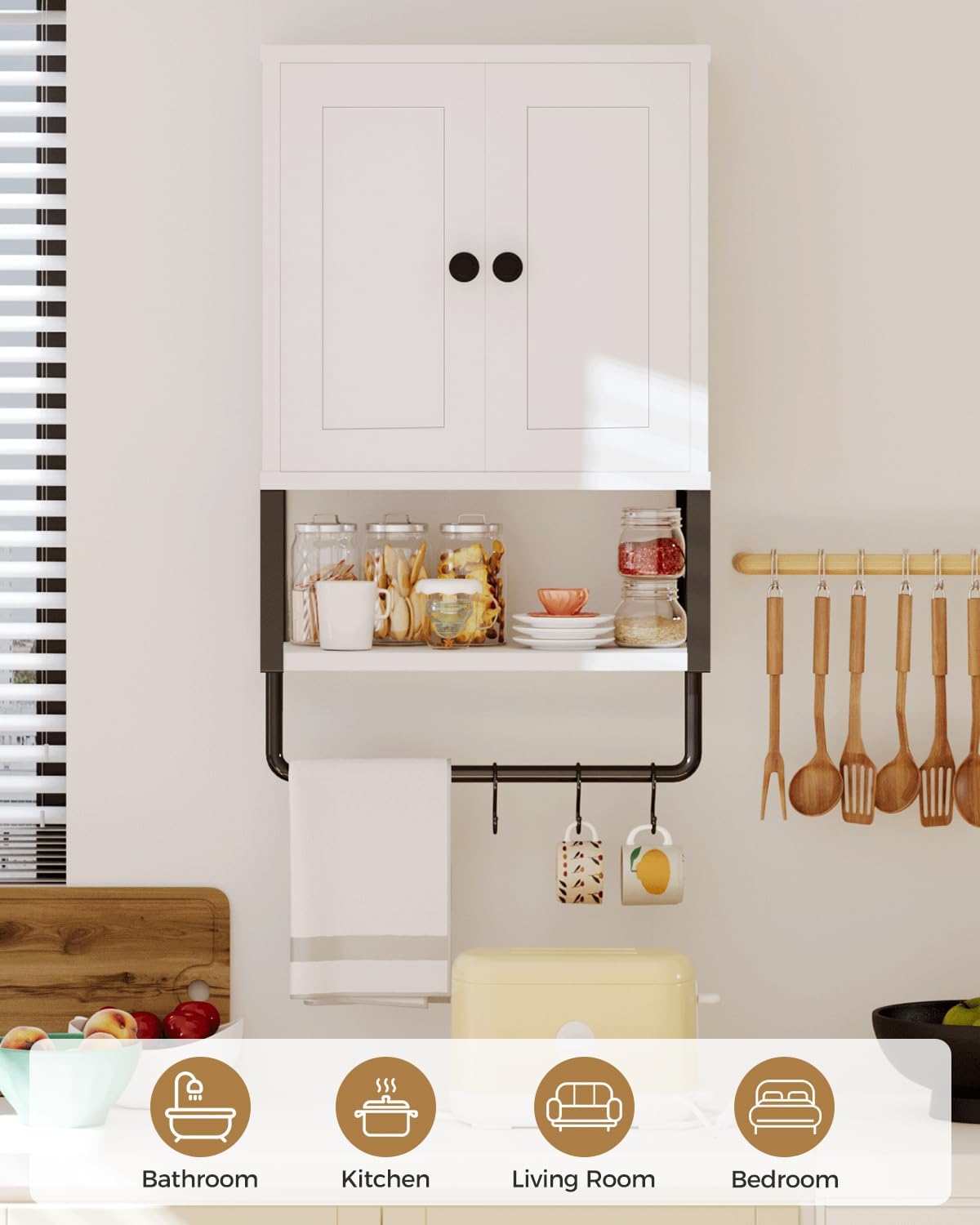 White Bathroom Wall Cabinet with Towel Rack M191