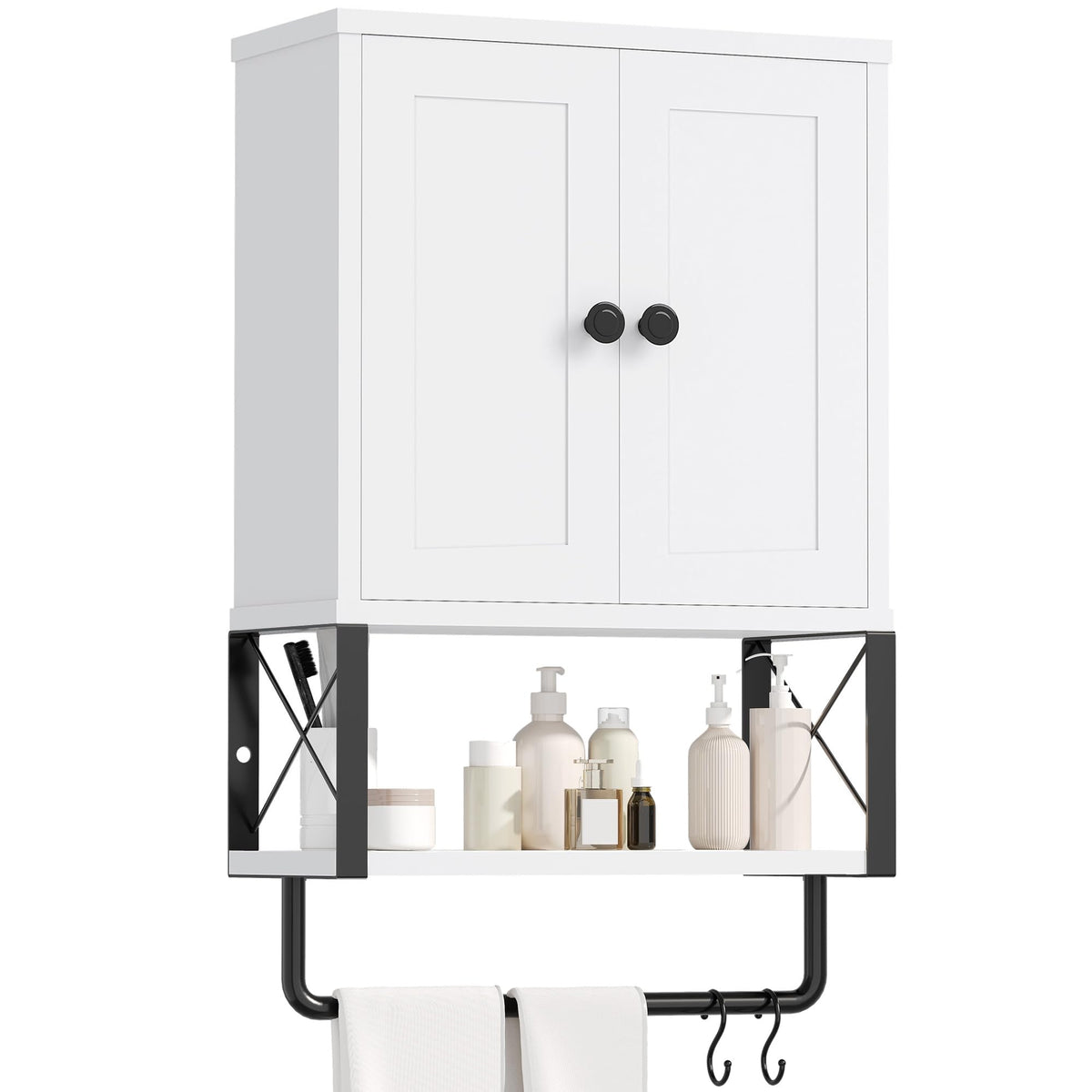 White Bathroom Wall Cabinet with Towel Rack M191