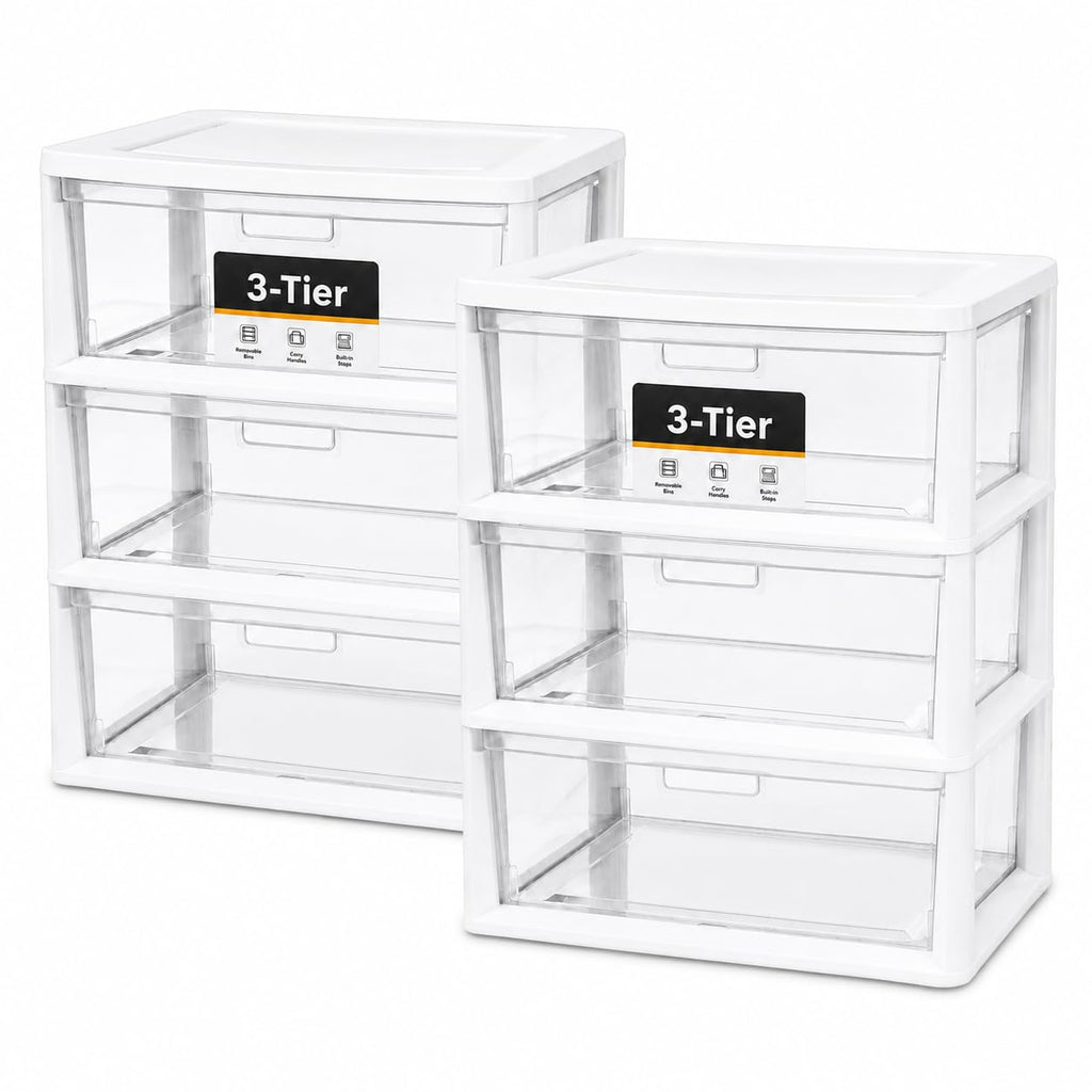 3-Drawer Plastic Storage Tower with Clear Removable Bins J380