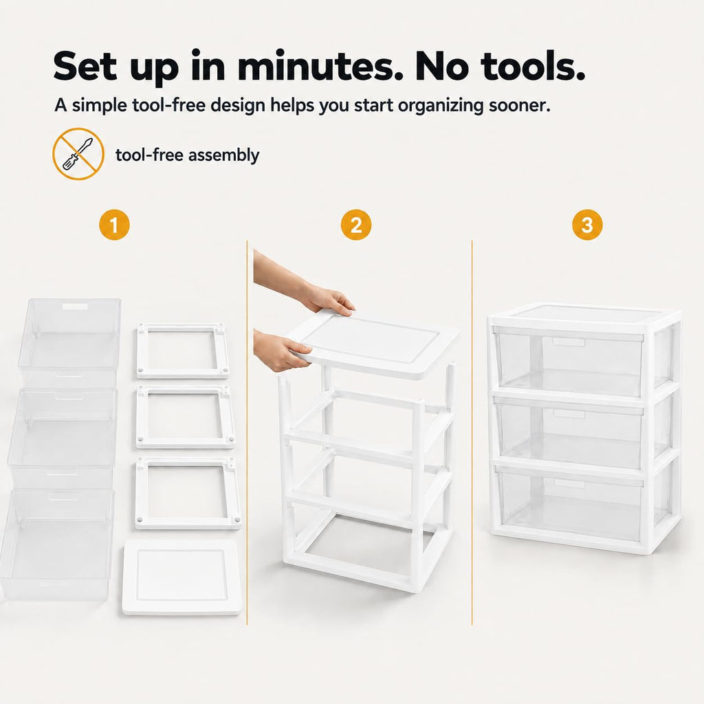 3-Drawer Plastic Storage Tower with Clear Removable Bins J380