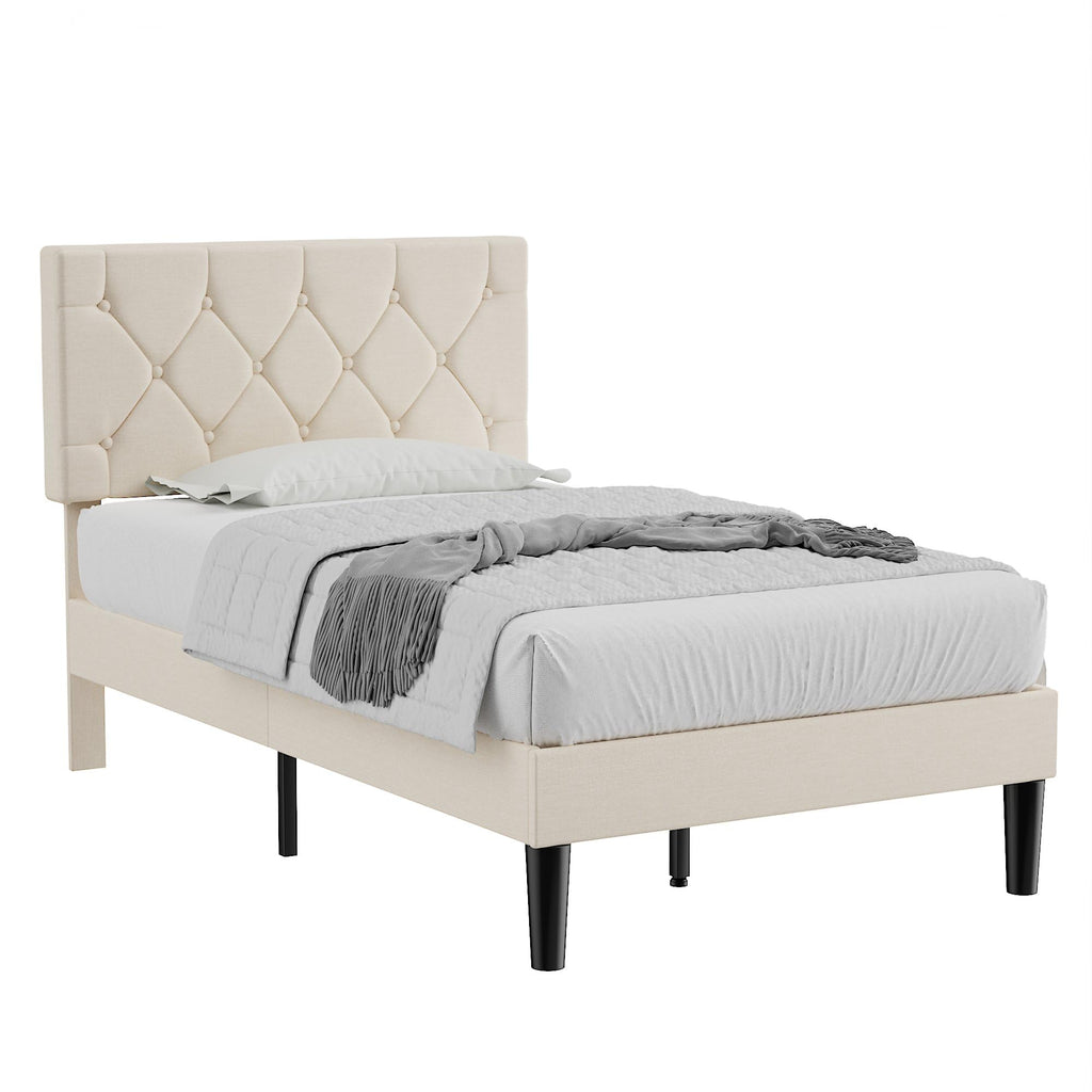 Twin Bed Frame with Upholstered Tufted Headboard, Beige Y344