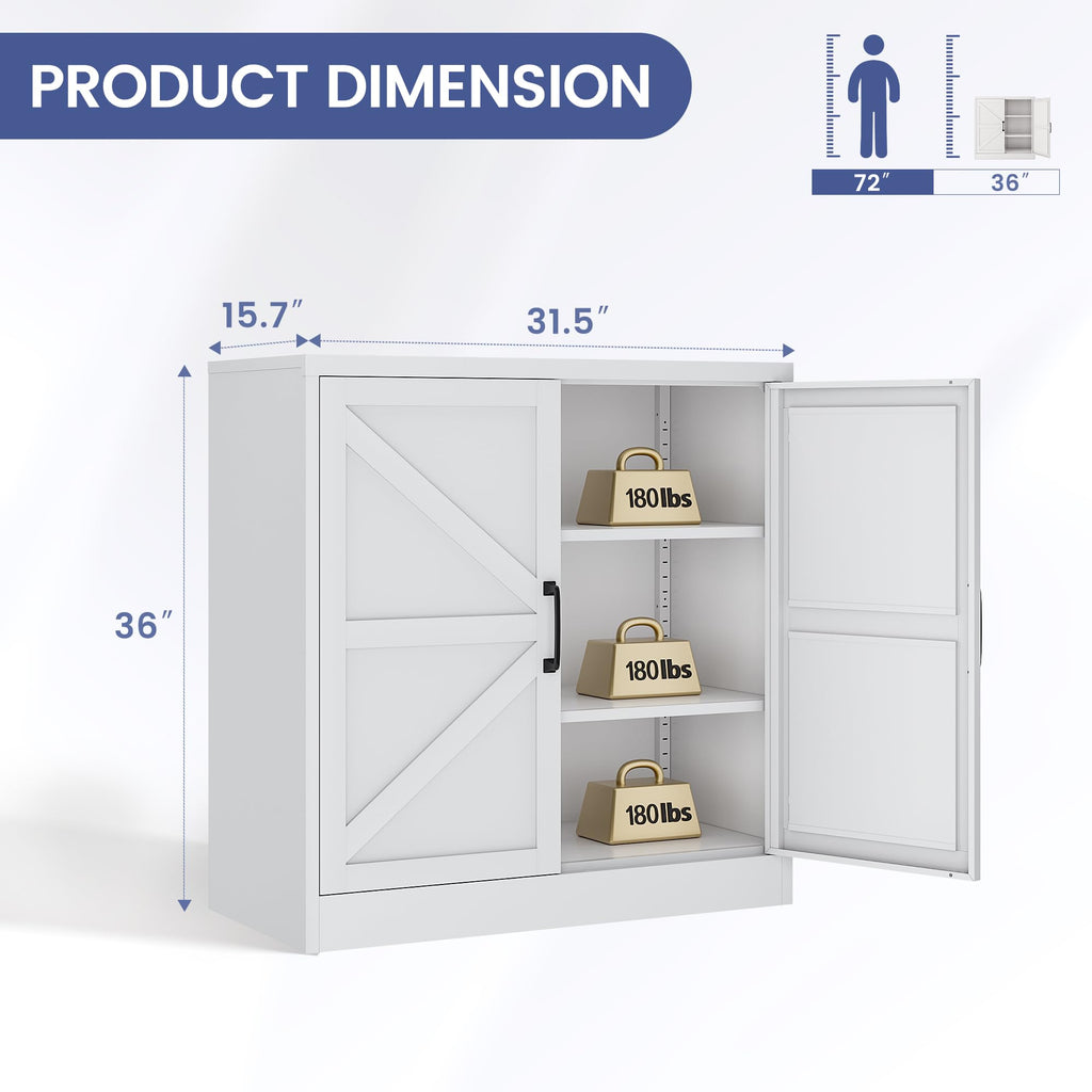 White 36" Metal Storage Cabinet with Doors and 2 Adjustable Shelves P99416