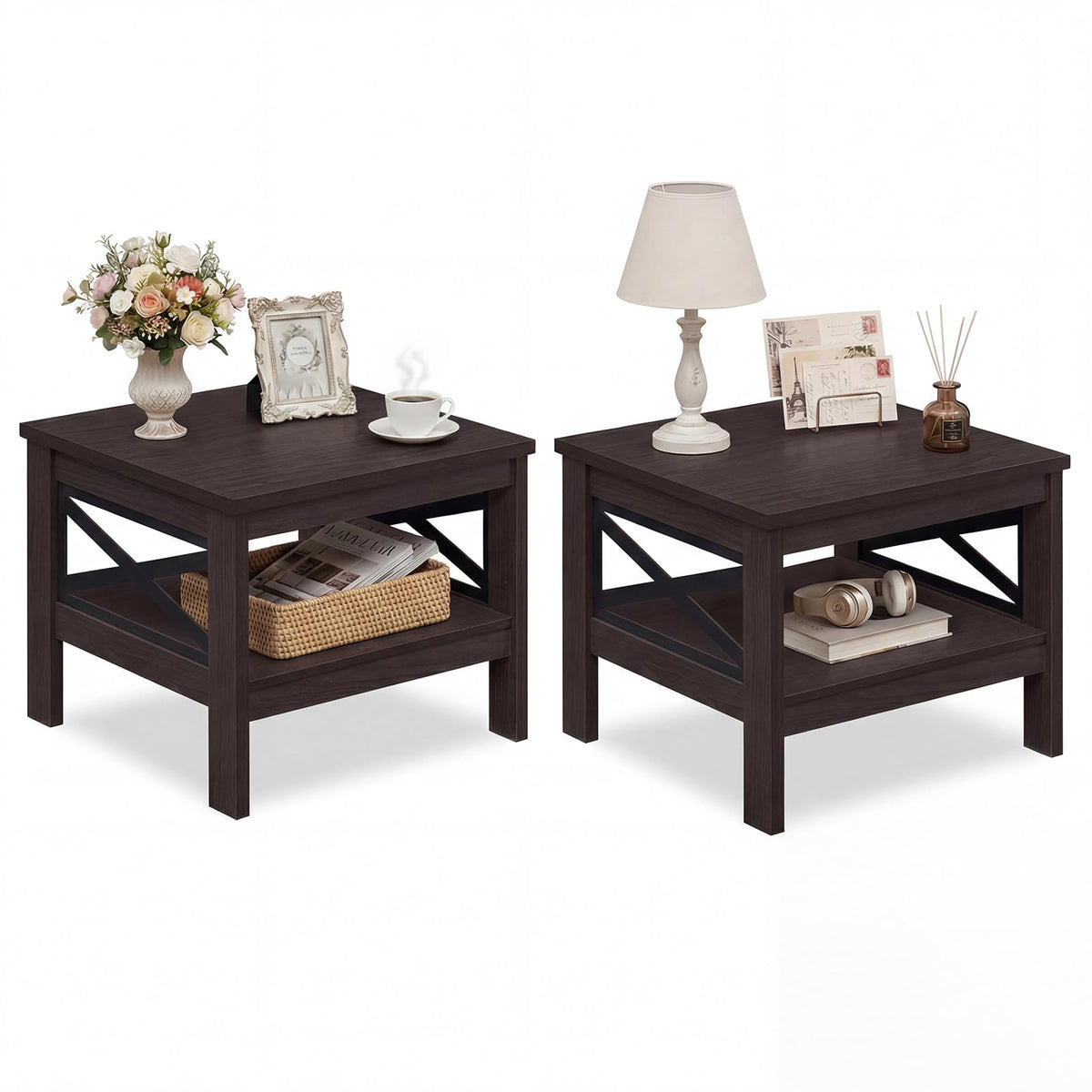 2-Tier Square End Table Set of 2 with Storage Shelf I888