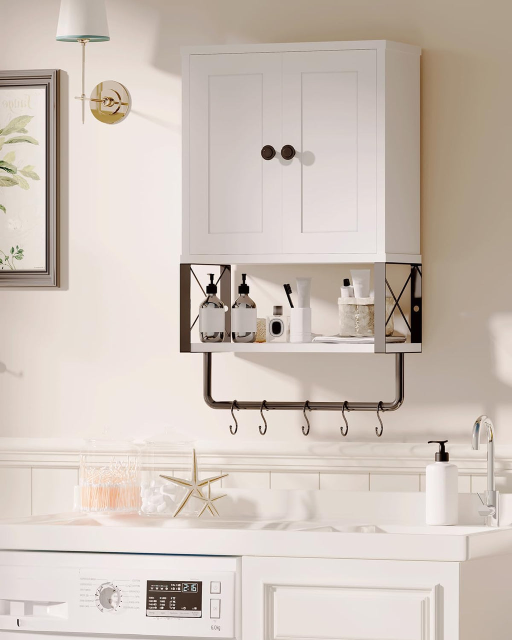 White Bathroom Wall Cabinet with Towel Rack M191
