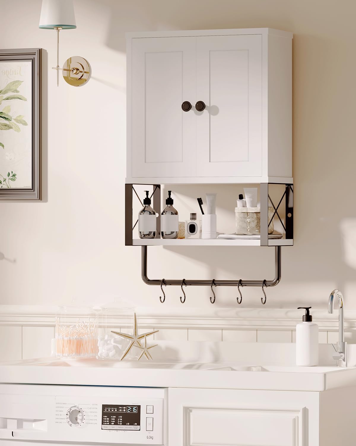 White Bathroom Wall Cabinet with Towel Rack M191