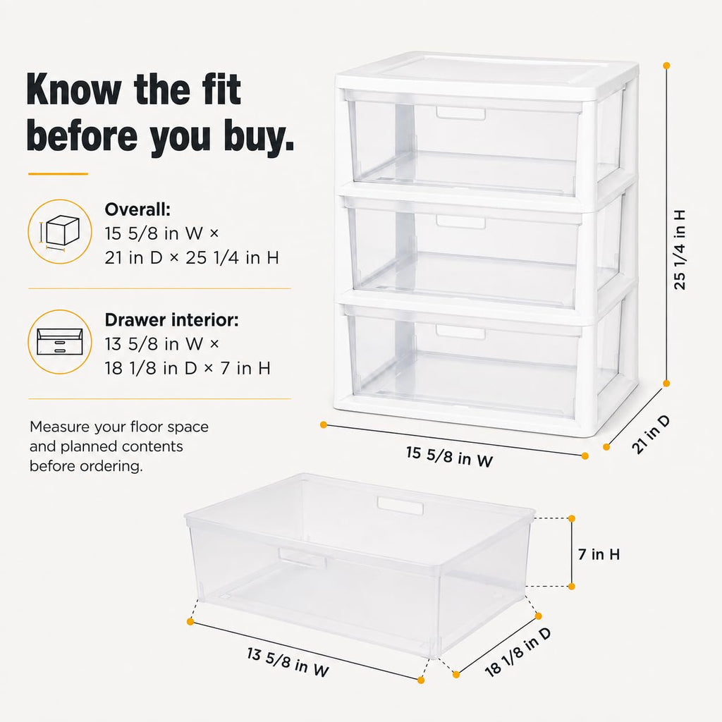 3-Drawer Plastic Storage Tower with Clear Removable Bins J380