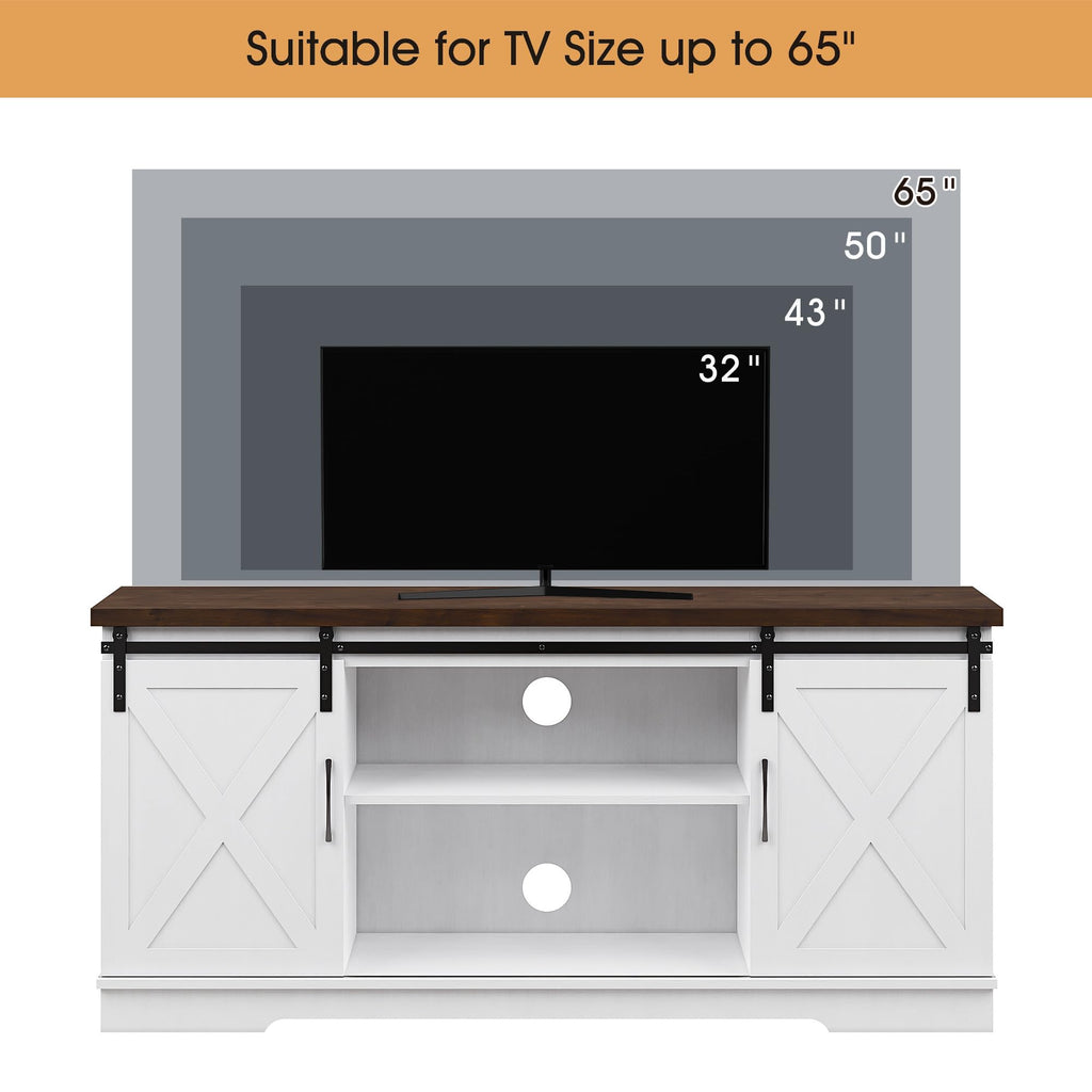 Farmhouse TV Stand with Sliding Barn Doors, White & Brown O339