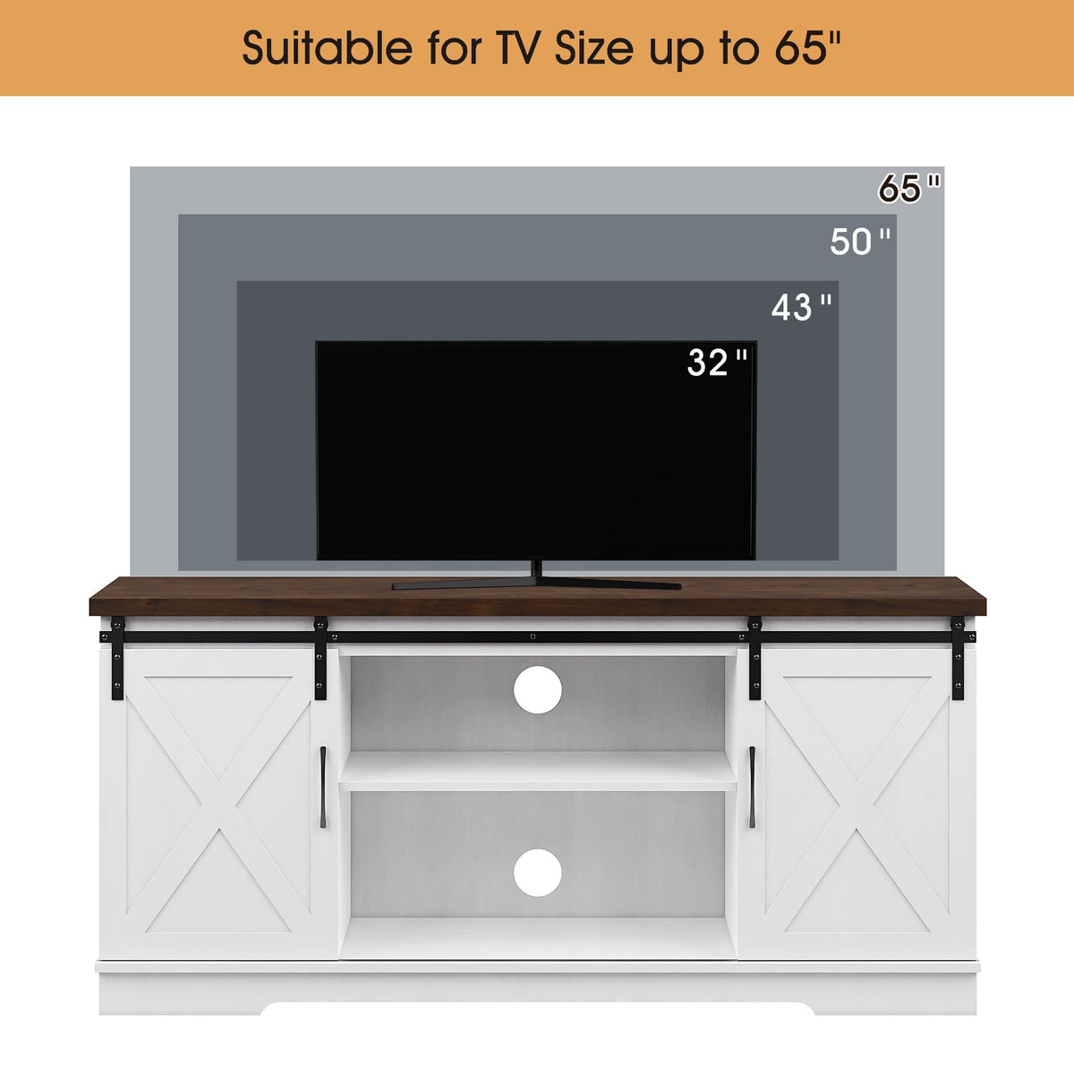 Farmhouse TV Stand with Sliding Barn Doors, White & Brown O339