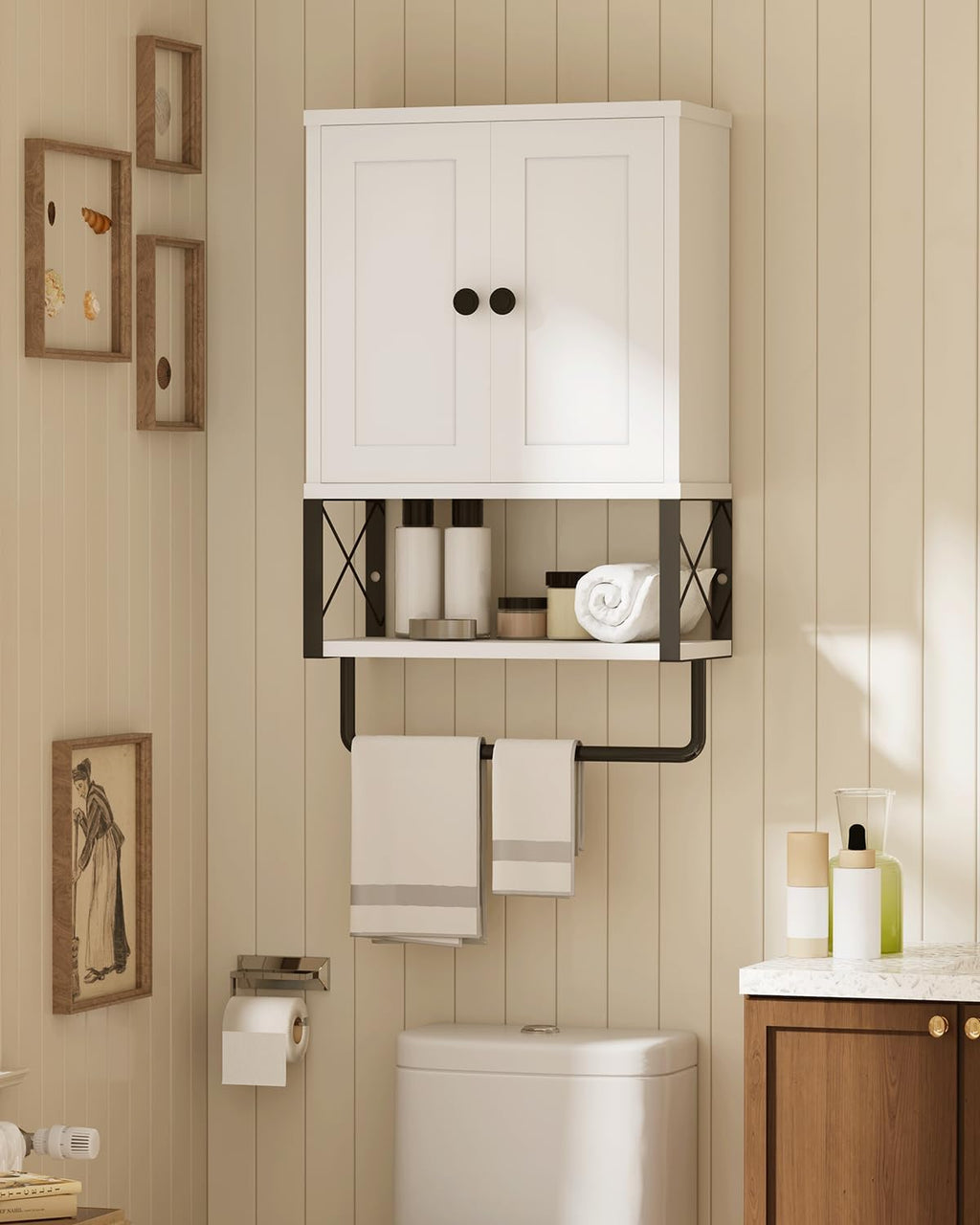 White Bathroom Wall Cabinet with Towel Rack M191