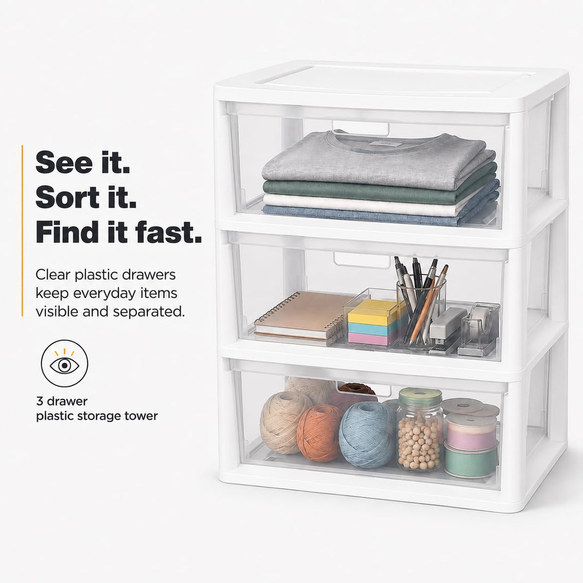 3-Drawer Plastic Storage Tower with Clear Removable Bins J380