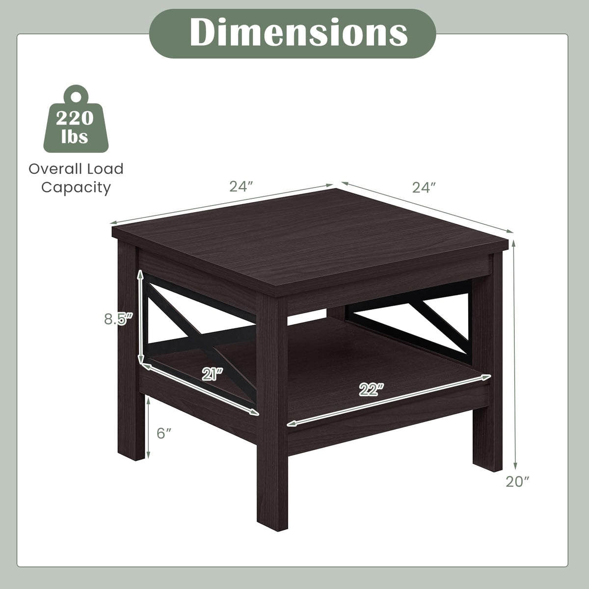 2-Tier Square End Table Set of 2 with Storage Shelf I888
