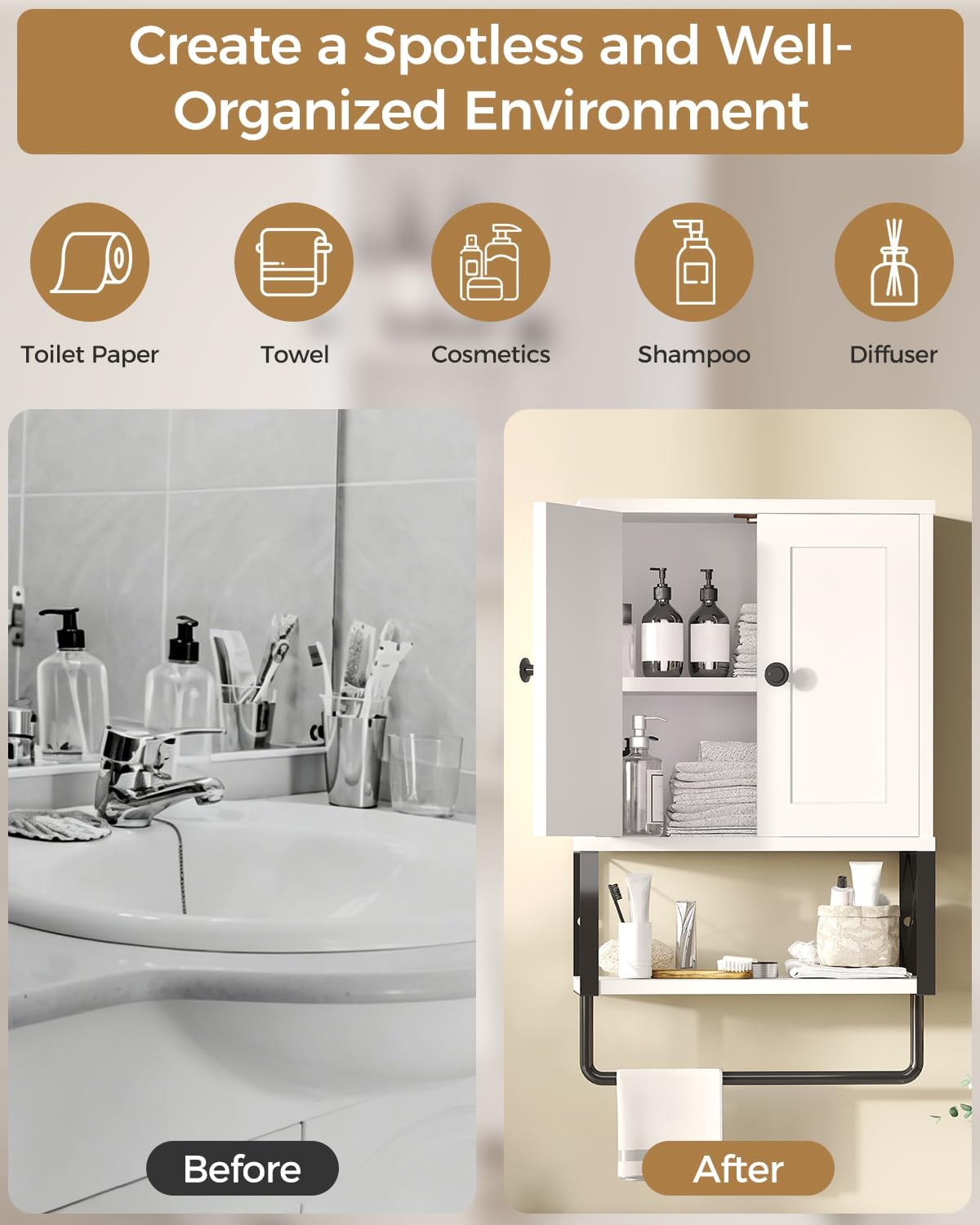 White Bathroom Wall Cabinet with Towel Rack M191