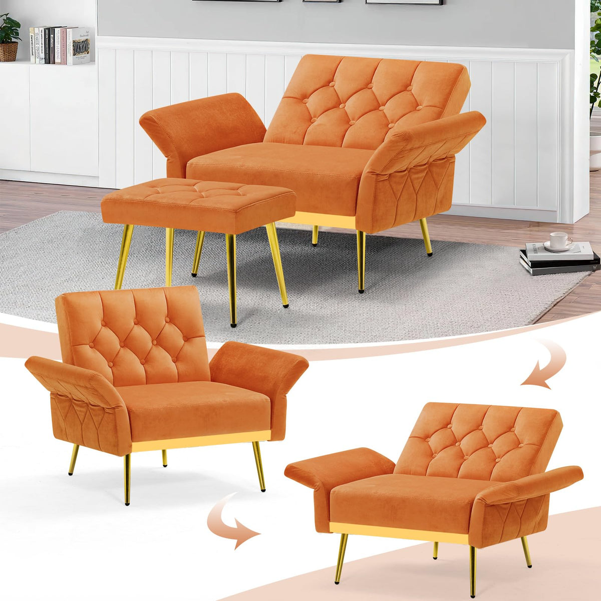 Orange Velvet Accent Chair with Ottoman O78646