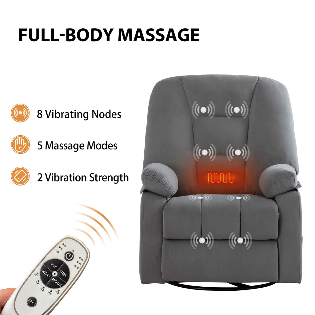 Velvet Grey Power Swivel Rocker Recliner with Massage and Heat C63667