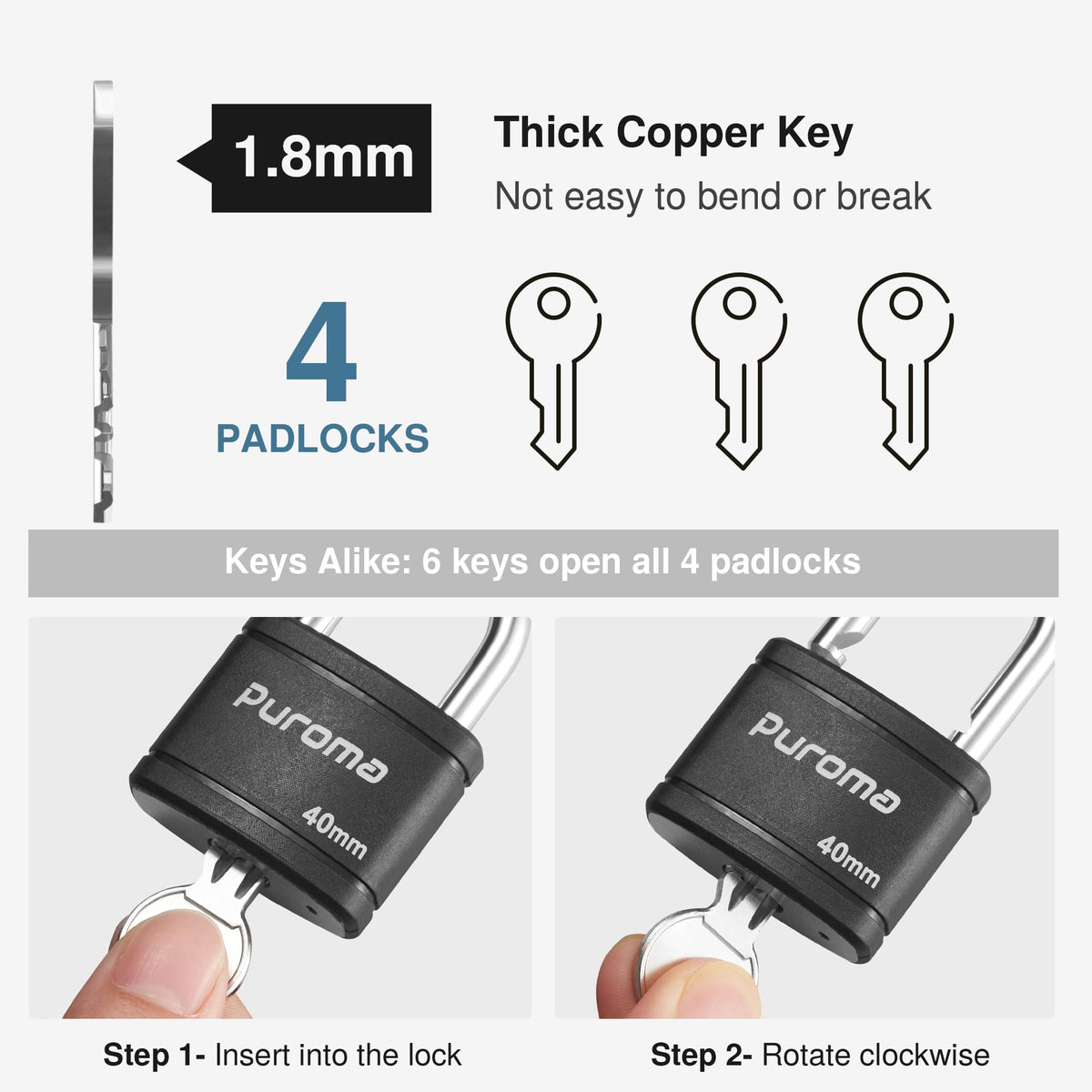 4 Keyed Padlock 6 Keys Alike 40mm R38019