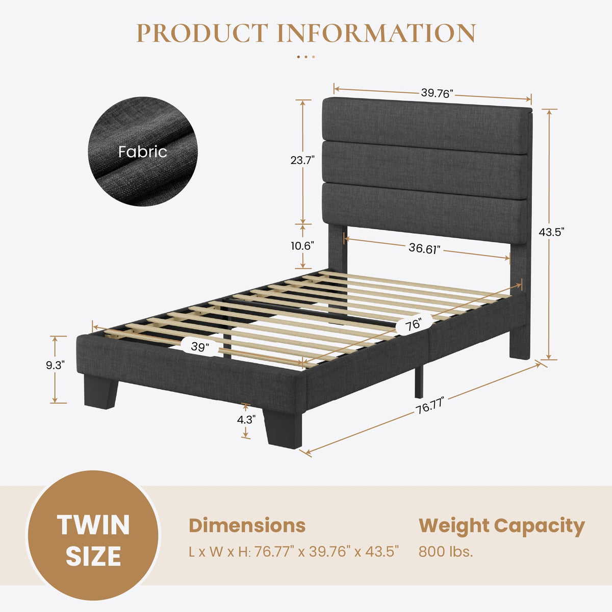 Twin Platform Bed Frame with Upholstered Fabric Headboard A7695