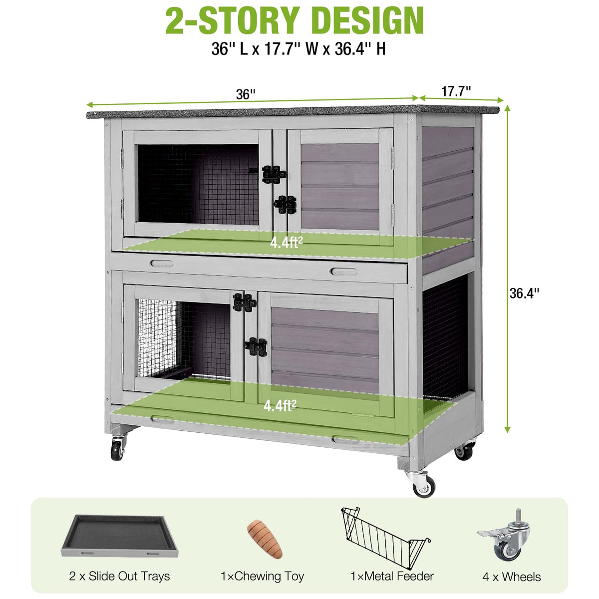 2-Story Wooden Rabbit Hutch with 4 Wheels and 2 Pull-Out Trays W9831