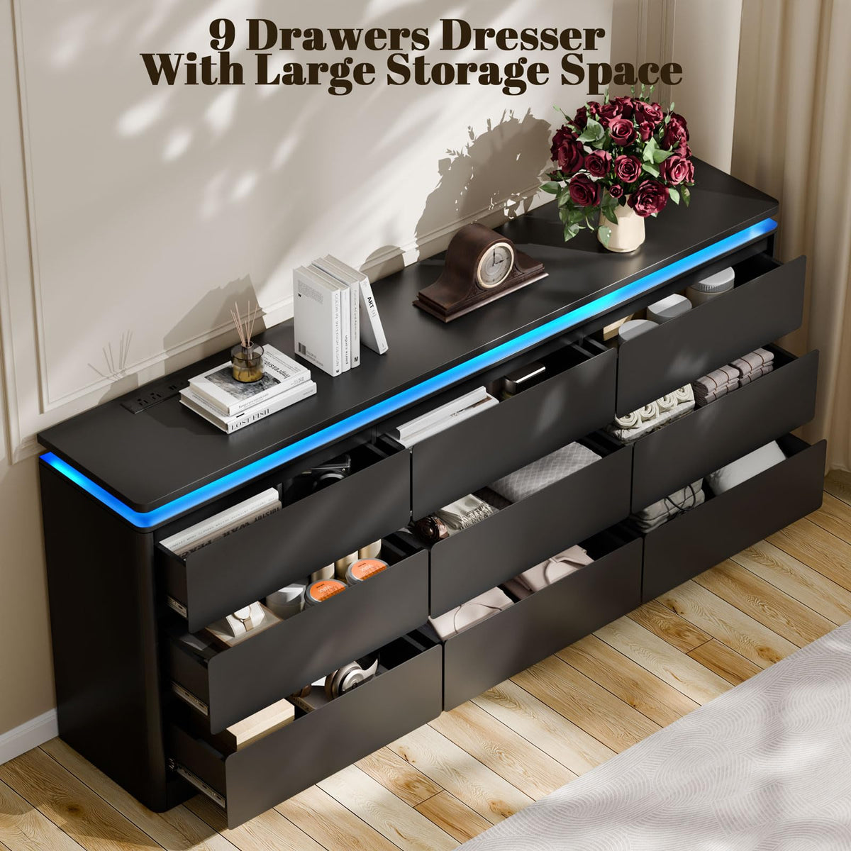 Black 9 Drawer Dresser with LED Lights M541