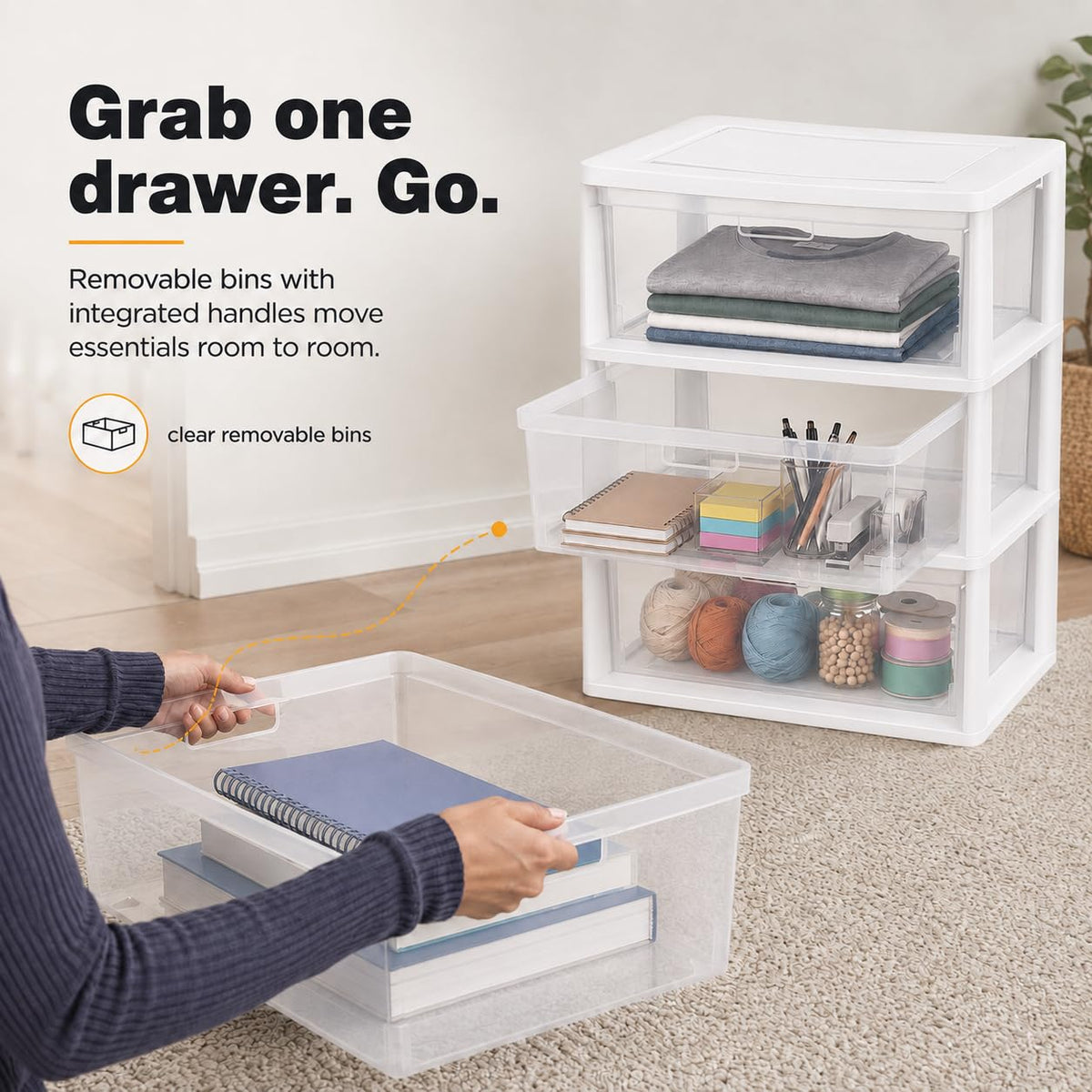3-Drawer Plastic Storage Tower with Clear Removable Bins J380
