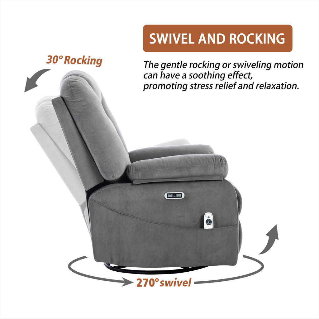 Velvet Grey Power Swivel Rocker Recliner with Massage and Heat C63667