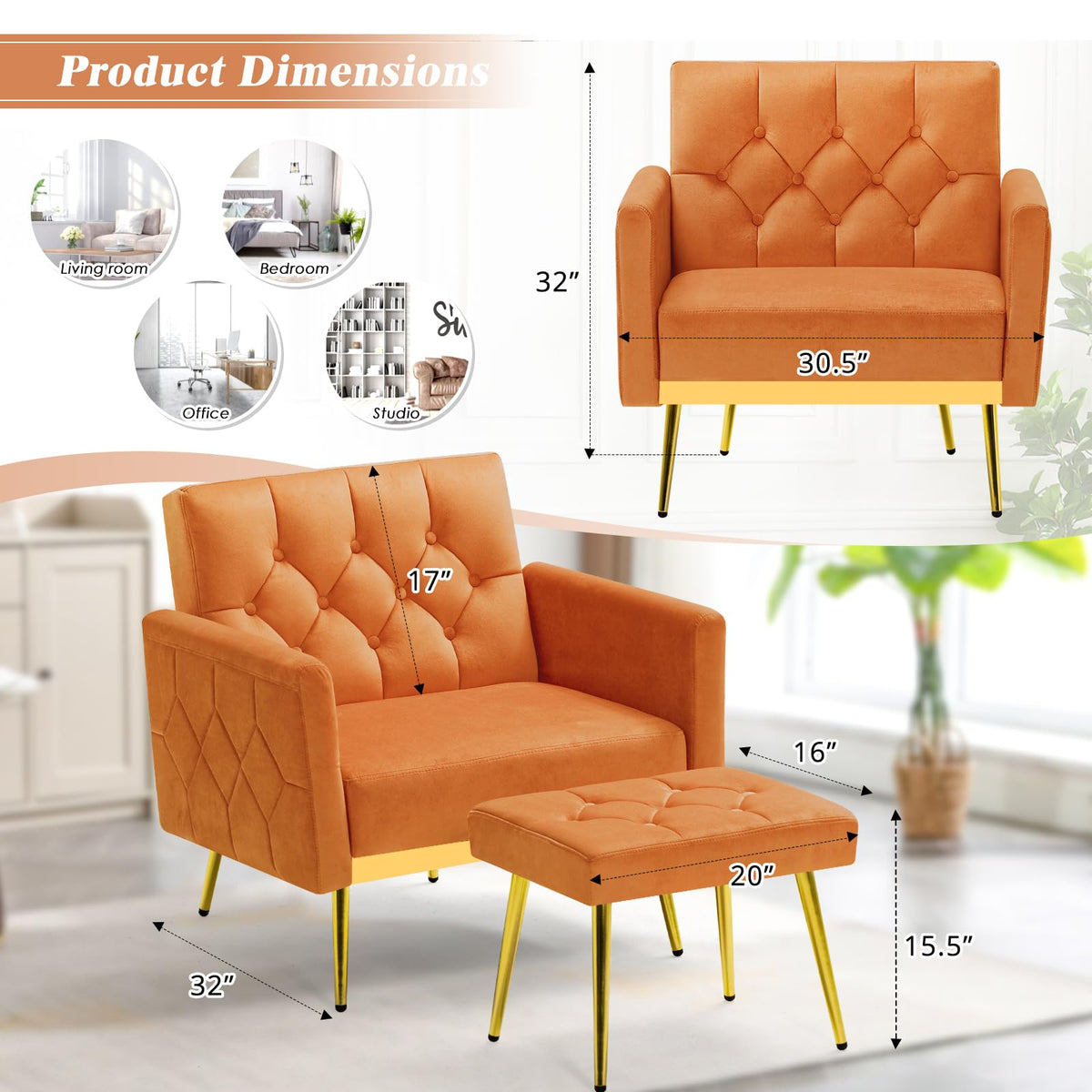 Orange Velvet Accent Chair with Ottoman O78646