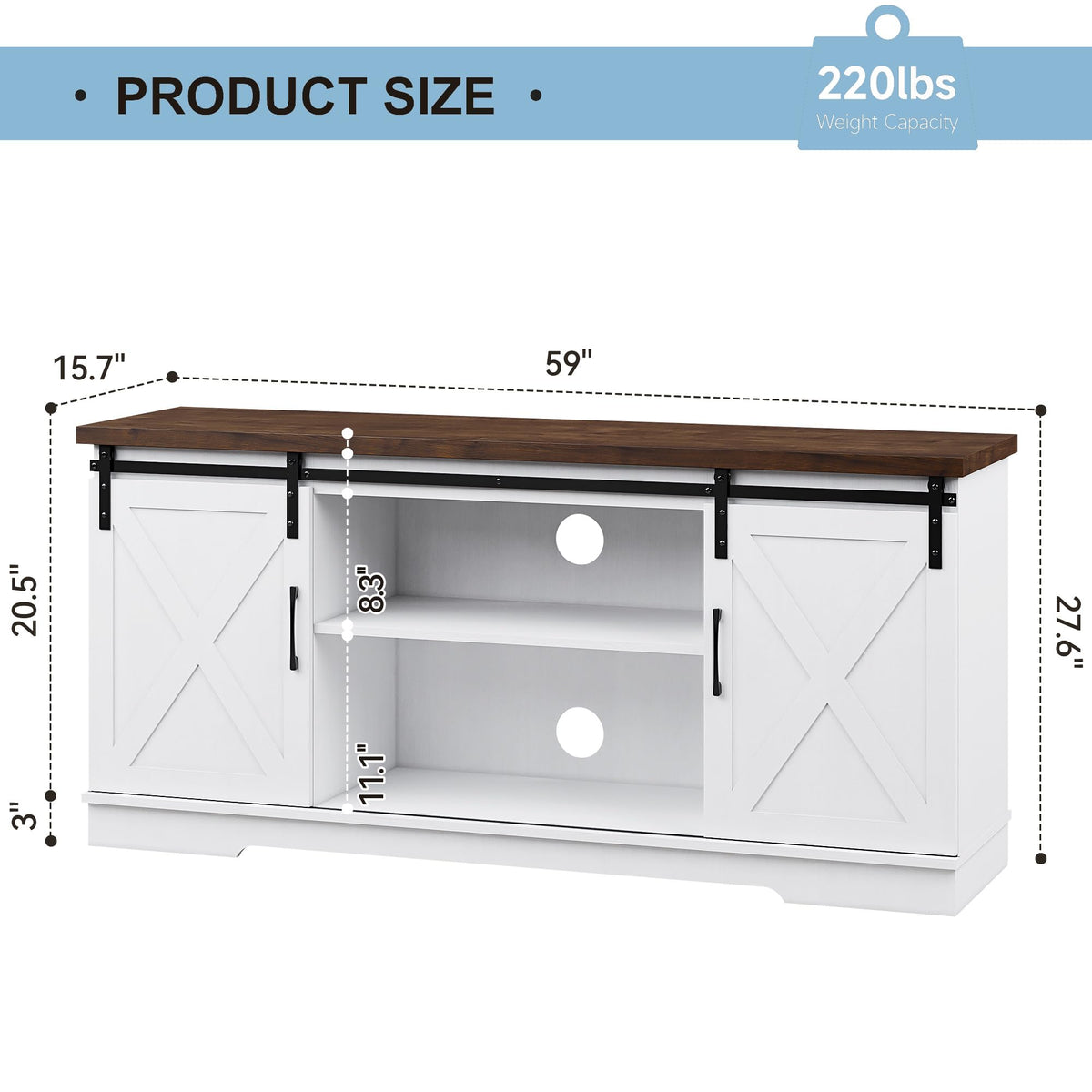 Farmhouse TV Stand with Sliding Barn Doors, White & Brown O339