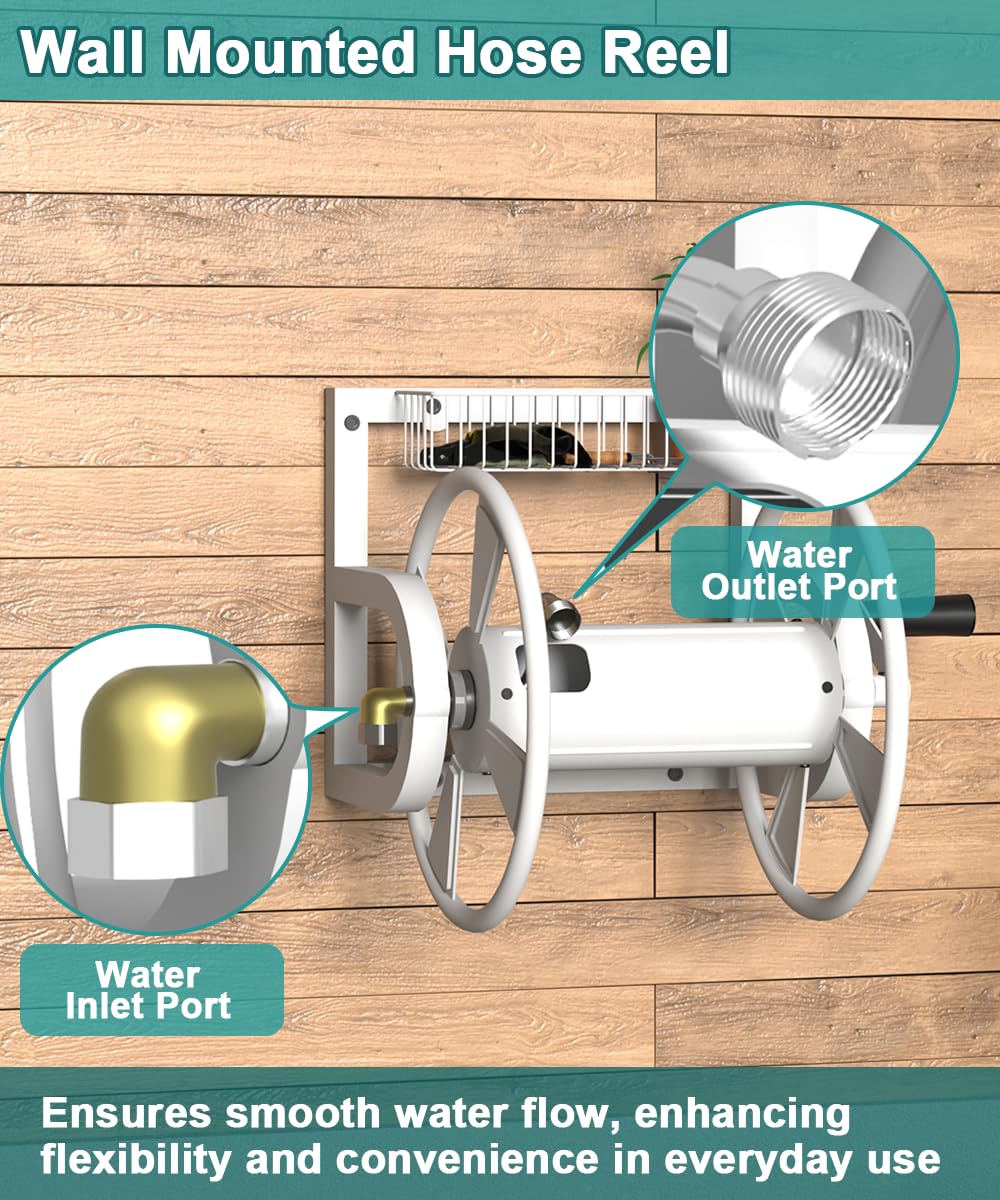 Wall Mounted Hose Reel, Holds 125 Feet of 5/8-Inch Hose, White M958732