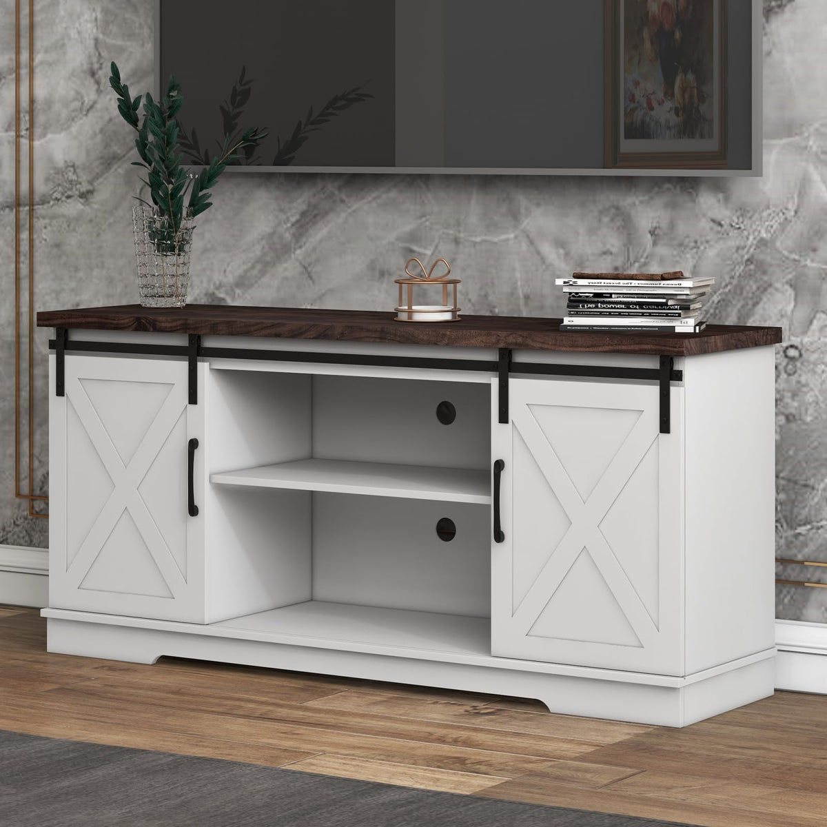 Farmhouse TV Stand with Sliding Barn Doors, White & Brown O339