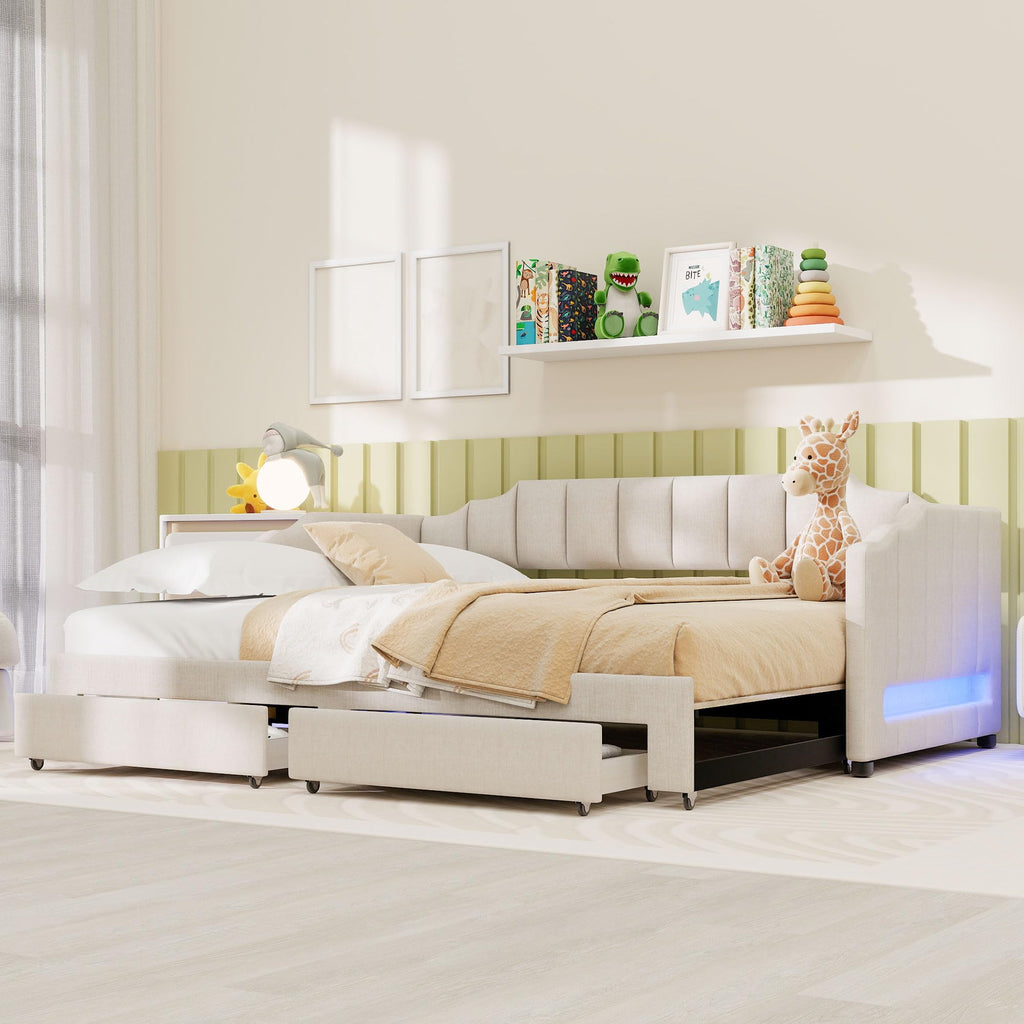 Twin XL to King Extendable Upholstered Daybed Frame with 2 Storage Drawers S2218