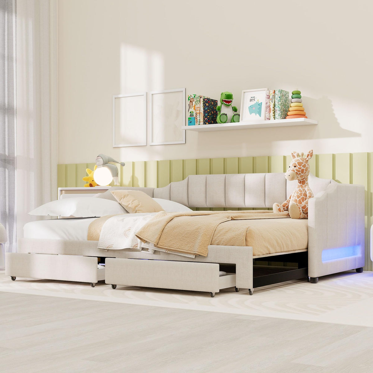 Twin XL to King Extendable Upholstered Daybed Frame with 2 Storage Drawers S2218