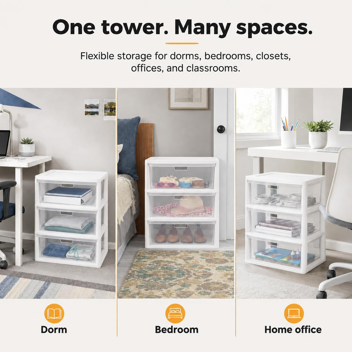 3-Drawer Plastic Storage Tower with Clear Removable Bins J380