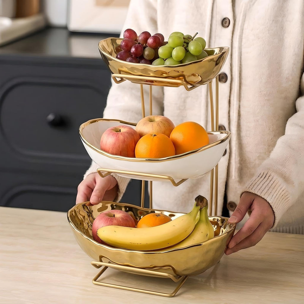 3-Tier Gold Fruit Bowl & Tray with Metal Stand Y57071