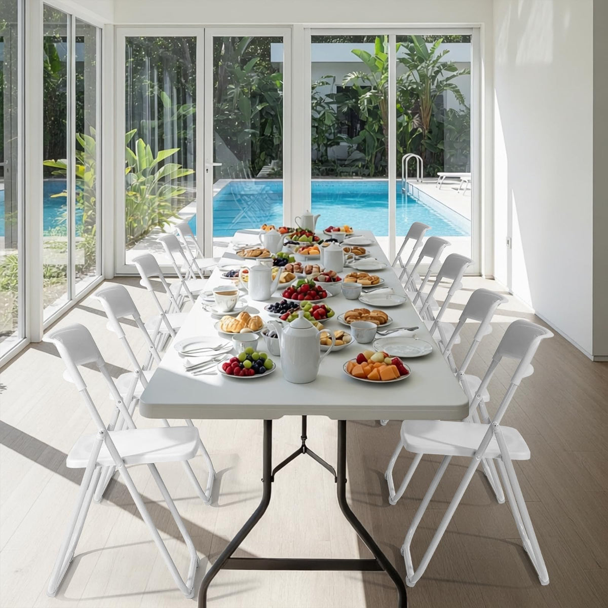 White Plastic Folding Chairs, 10 Pack Steel Frame D9124