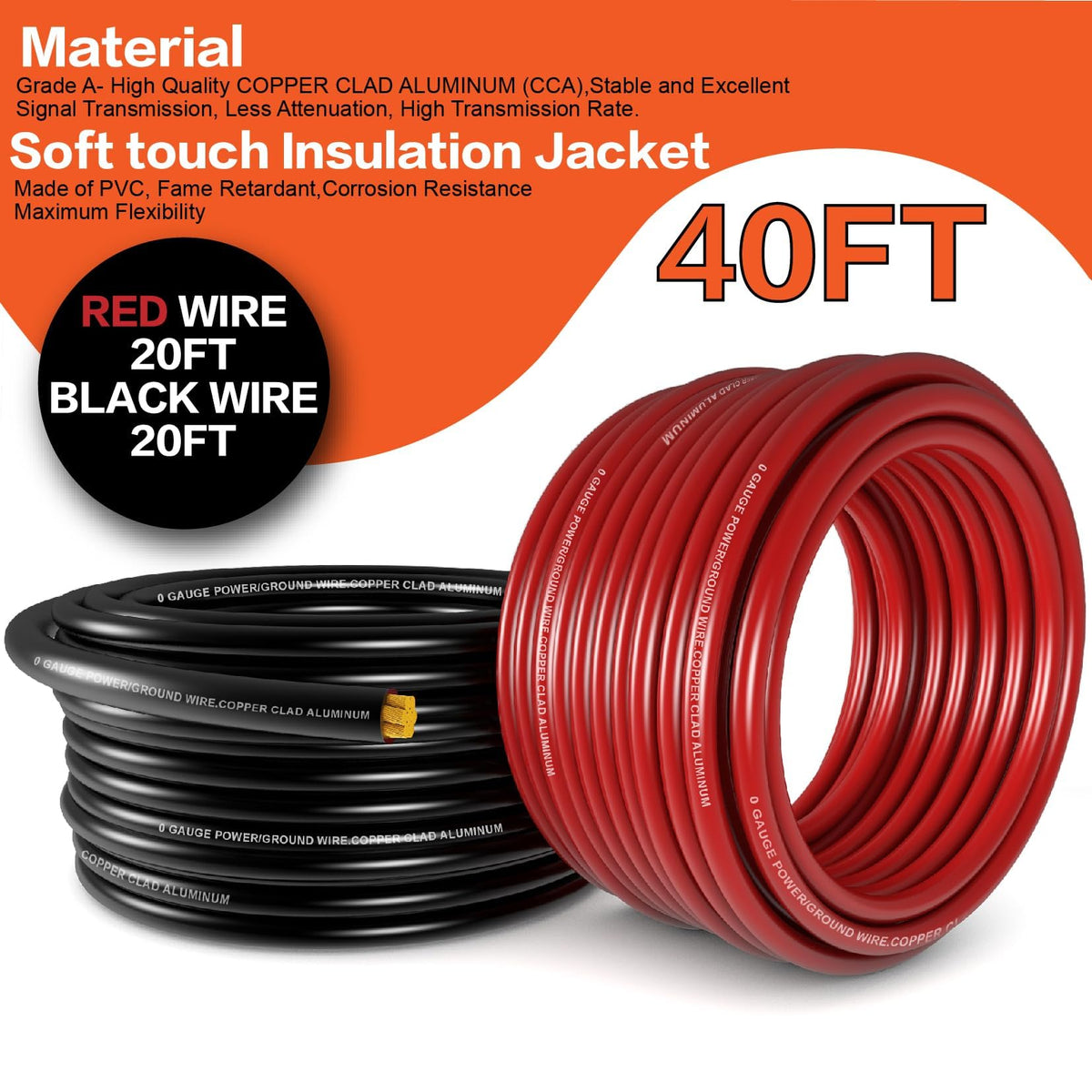 1/0 Gauge Battery Cable Kit 40ft Red/Black CCA Wire I815218