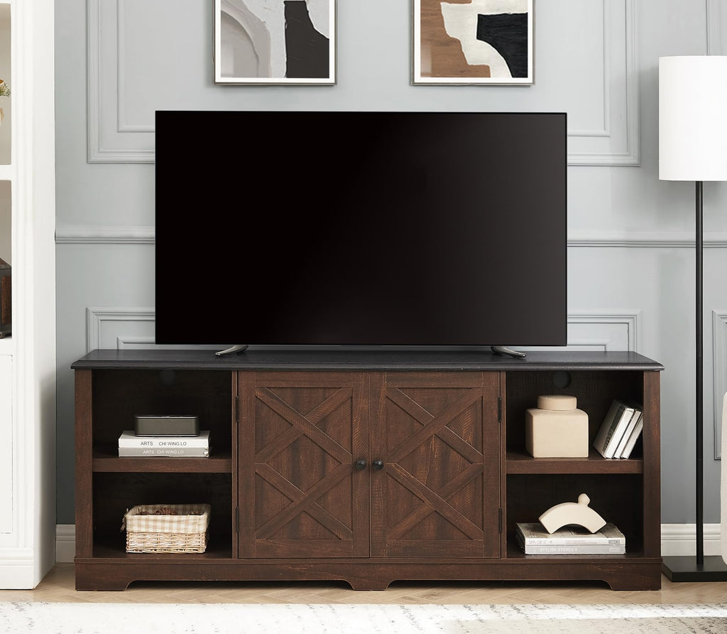 Espresso and Black TV Media Stand with Open Shelves and Closed Cabinets O117