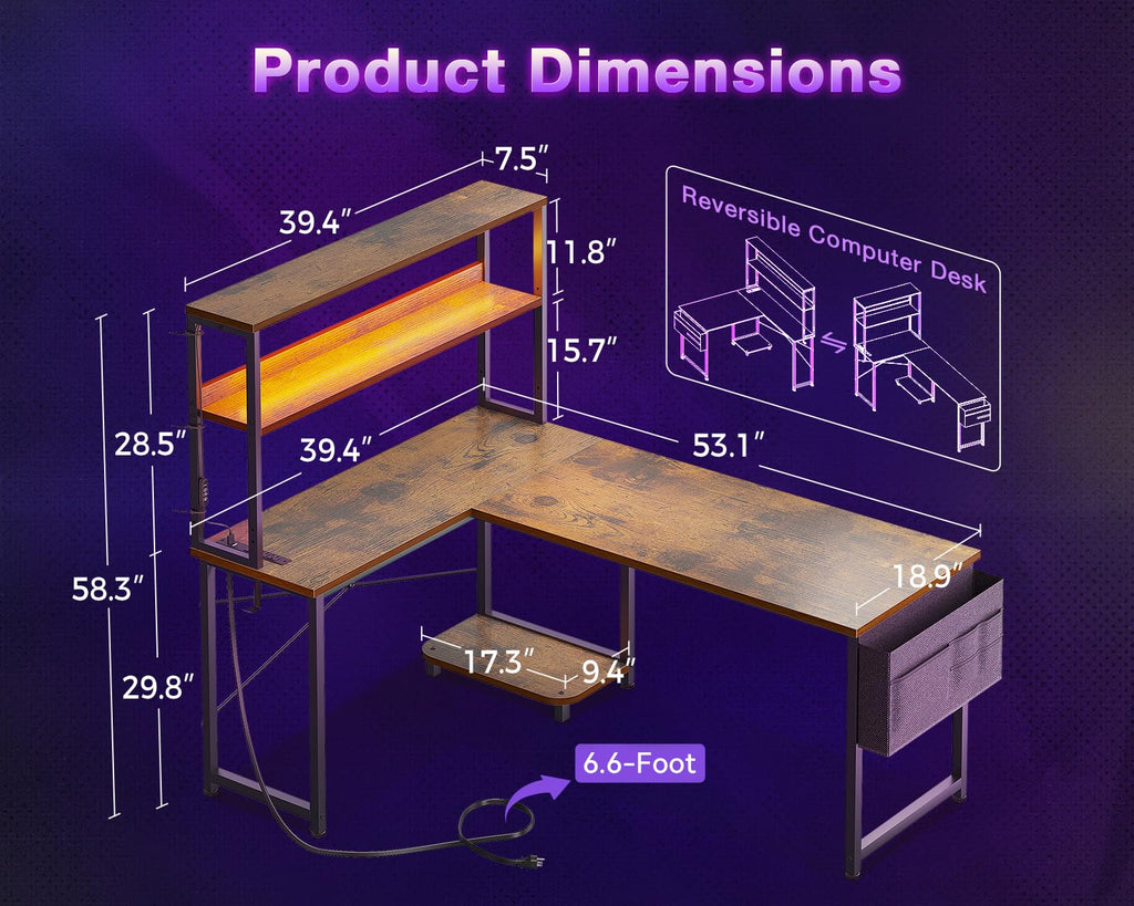 53" L Shaped Gaming Desk with Shelves K7783