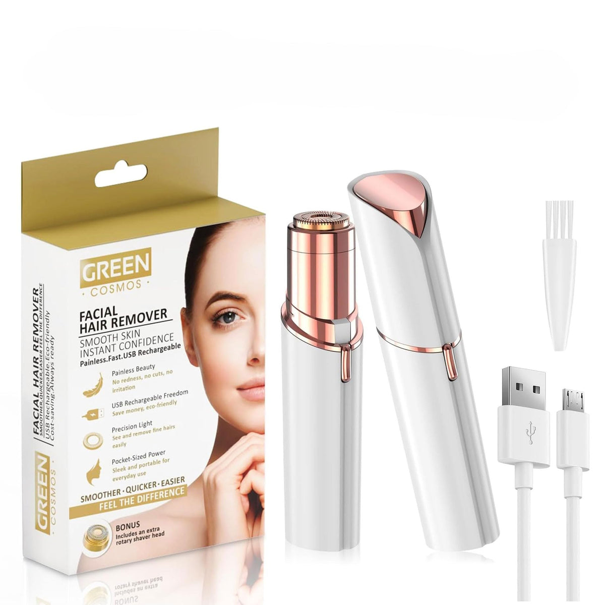 USB Rechargeable Facial Hair Remover with 2 Replacement Heads U29135