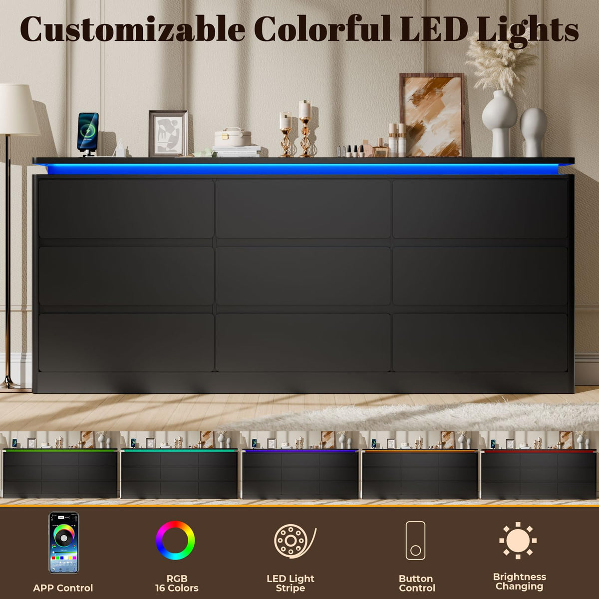 Black 9 Drawer Dresser with LED Lights M541