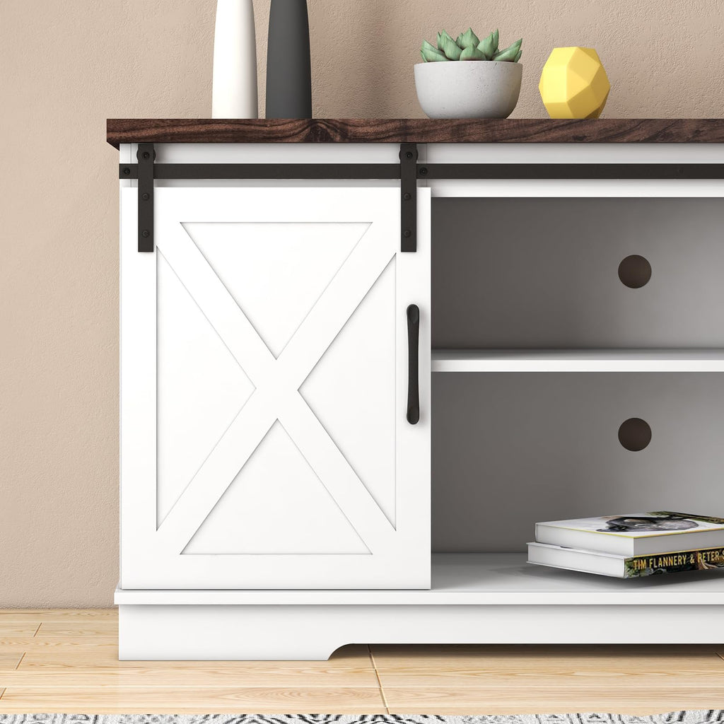 Farmhouse TV Stand with Sliding Barn Doors, White & Brown O339