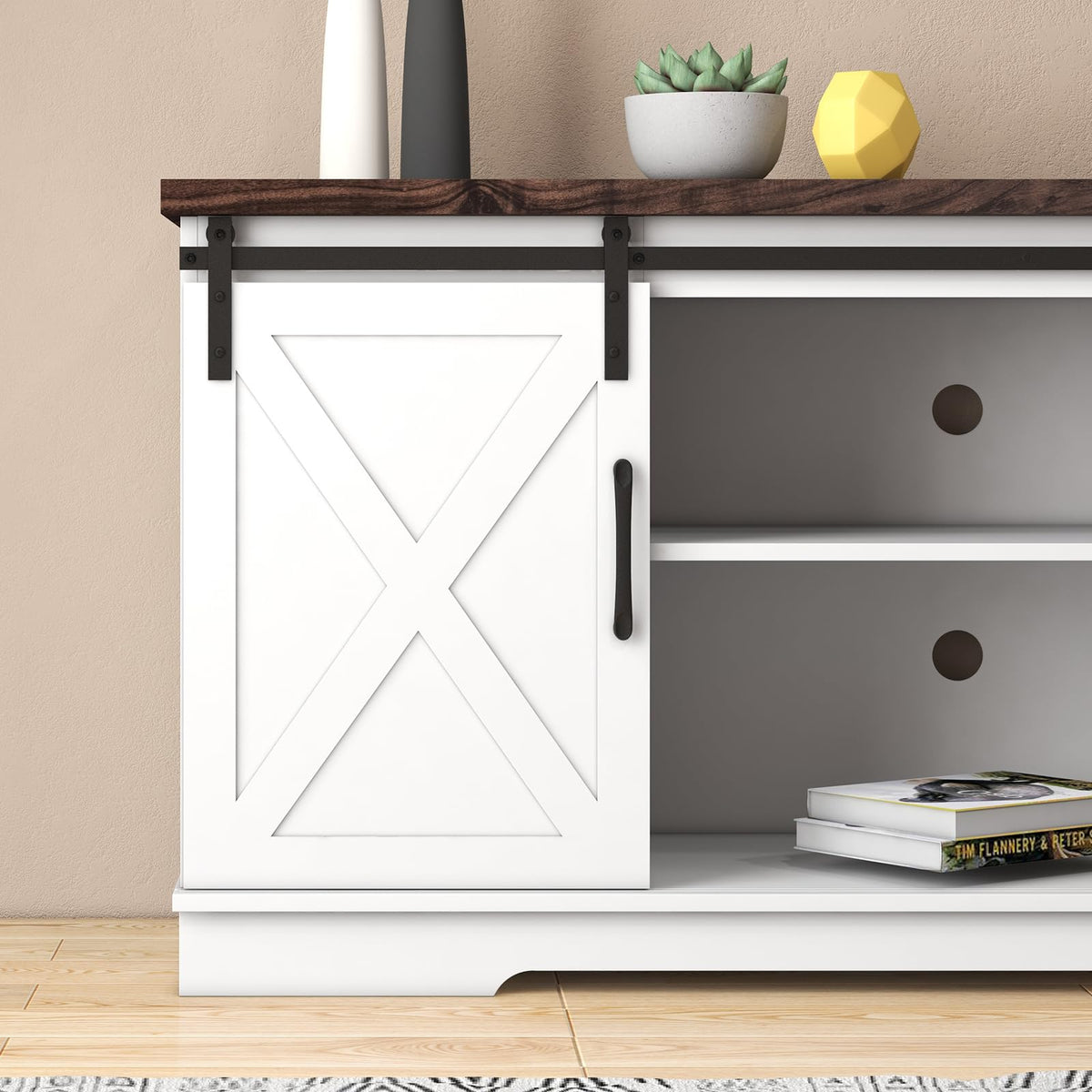 Farmhouse TV Stand with Sliding Barn Doors, White & Brown O339
